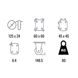 Lenkrolle mit thermoplastischem Gummi, Stahlgabel und Plattenmontage, 125 mm Durchmesser