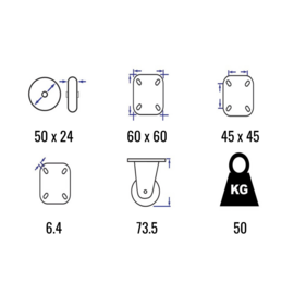 Swivel castor with brake, thermoplastic rubber, steel fork and plate mount, 50 mm diameter