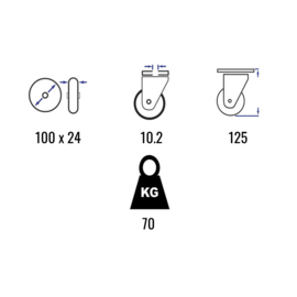 Zwenkwiel met thermoplastisch rubber, stalen gaffel en boutgat, 100 mm diameter