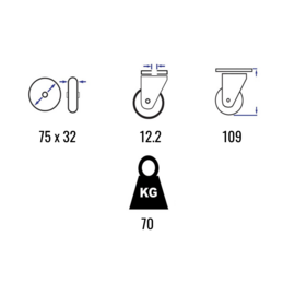 Swivel castor with brake, made of polyamide with steel fork and bolt mount, 75 mm diameter