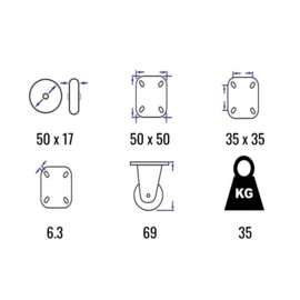 Swivel castor with brake, of solid rubber, with steel fork and plate mount, 50 mm diameter