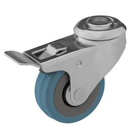 Castor with brake, made of solid rubber, with steel fork, and bolt hole, 50 mm diameter