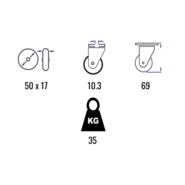 Lenkrolle mit Bremse, Vollgummi, Stahlgabel und Rückenloch, 50 mm Durchmesser