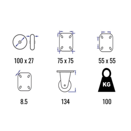 Bokwiel met thermoplastisch rubber, velg van polypropyleen, stalen gaffel en plaatbevestiging, 100 mm diameter