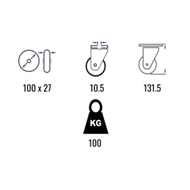 Lenkrolle mit thermoplastischem Gummi, Polypropylen-Felge, Stahlgabel und Rückenloch, 100 mm Durchmesser