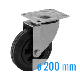 Swivel castor with black rubber tire, steel fork and plate mount, 200 mm diameter