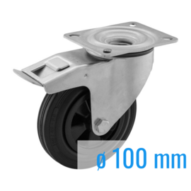 Swivel castor with brake, black rubber tire, steel fork and plate mount, 100 mm diameter