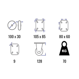 Lenkrolle mit Bremse, schwarzem Gummireifen, Stahlgabel und Plattenmontage, 100 mm Durchmesser