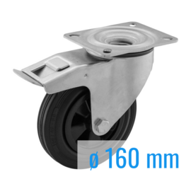 Swivel castor with brake, black rubber tire, steel fork and plate mount, 160 mm diameter