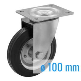 Swivel castor with black rubber tire and steel rim, steel fork and plate mount, 100 mm diameter