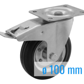 Swivel castor with brake, black rubber tire and steel rim, steel fork and plate mount, 100 mm diameter