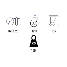 Swivel castor with black rubber tire and steel rim, steel fork and bolt hole, 160 mm diameter