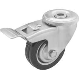 Swivel castor with brake, black rubber tire and steel rim, steel fork and bolt hole, 80 mm diameter