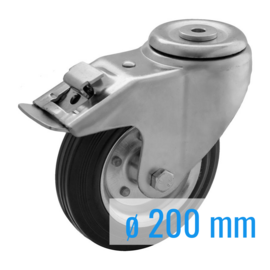 Swivel castor with brake, black rubber tire and steel rim, steel fork and bolt hole, 200 mm diameter