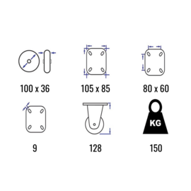 Lenkrolle mit elastischem Gummireifen, Stahlgabel und Plattenbeschlag, 100 mm Durchmesser