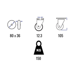 Lenkrolle mit elastischem Gummireifen, Stahlgabel und Rückenloch, 80 mm Durchmesser