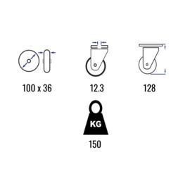 Lenkrolle mit elastischem Gummireifen, Stahlgabel und Rückenloch, 100 mm Durchmesser