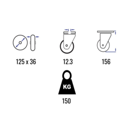 Lenkrolle mit elastischem Gummireifen, Stahlgabel und Rückenloch, 125 mm Durchmesser