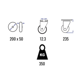 Swivel castor with brake,  elastic rubber tire, steel fork and bolt hole, 200 mm diameter