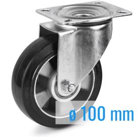 Swivel castor with elastic rubber tire, aluminium rim, steel fork and plate mount, 100 mm diameter