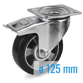 Swivel castor with brake, elastic rubber tire, aluminium rim, steel fork and plate mount, 125 mm diameter