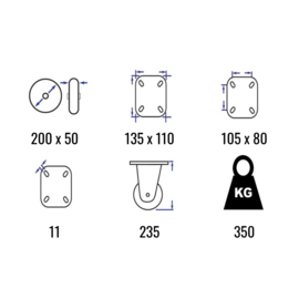 Lenkrolle mit Bremse, elastischem Gummireifen, Aluminiumfelge, Stahlgabel und Plattenbeschlag, 200 mm Durchmesser