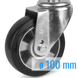 Swivel castor with elastic rubber tire, aluminium rim, steel fork and bolt hole, 100 mm diameter