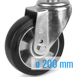 Swivel castor with elastic rubber tire, aluminium rim, steel fork and bolt hole, 200 mm diameter