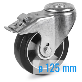 Swivel castor with brake, elastic rubber tire, aluminium rim, steel fork and bolt hole, 125 mm diameter