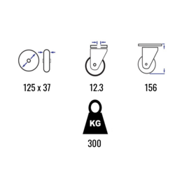 Zwenkwiel met polyamide band, centrale bout, stalen gaffel en boutgat, 125 mm diameter